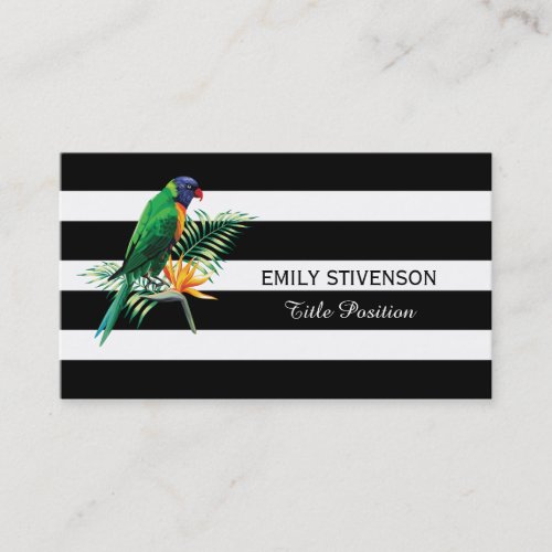 Black White Stripes And Colorful Parrot Business Card