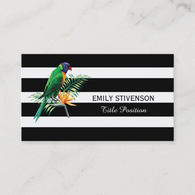 Black White Stripes And Colorful Parrot Business Card (Front)