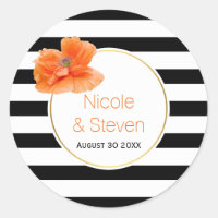 Black white stripes and coral poppy flower wedding classic round sticker