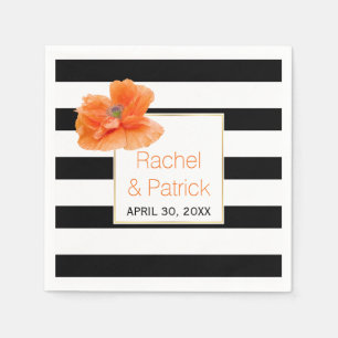 Black, white stripes and coral poppy wedding paper napkins