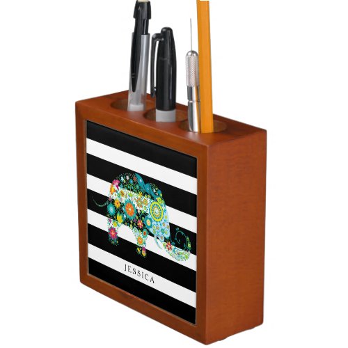 Black  White Stripes And Cute Elephant Pencil Holder