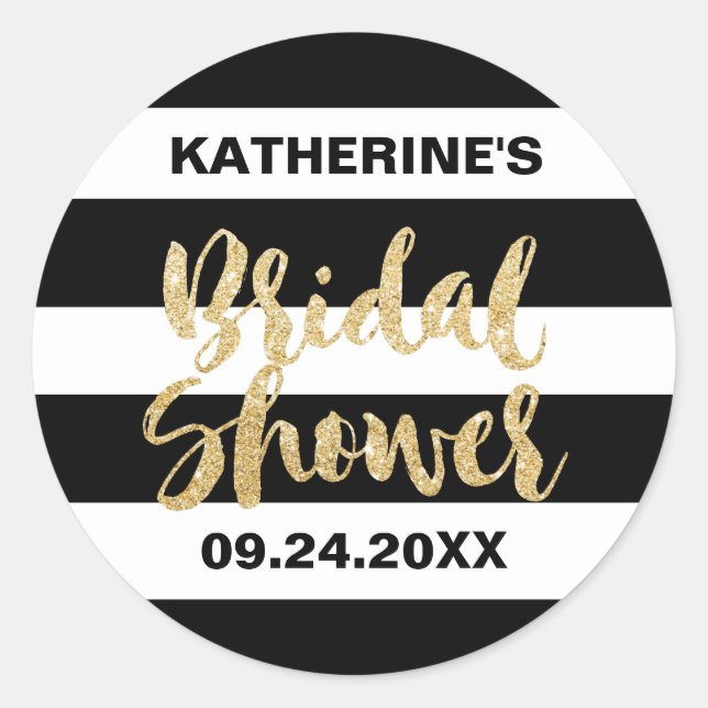 Black White Stripes and Gold Bridal Shower Favor Classic Round Sticker (Front)