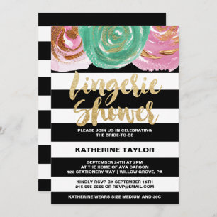Black White Stripes and Gold Text Lingerie Shower Invitation