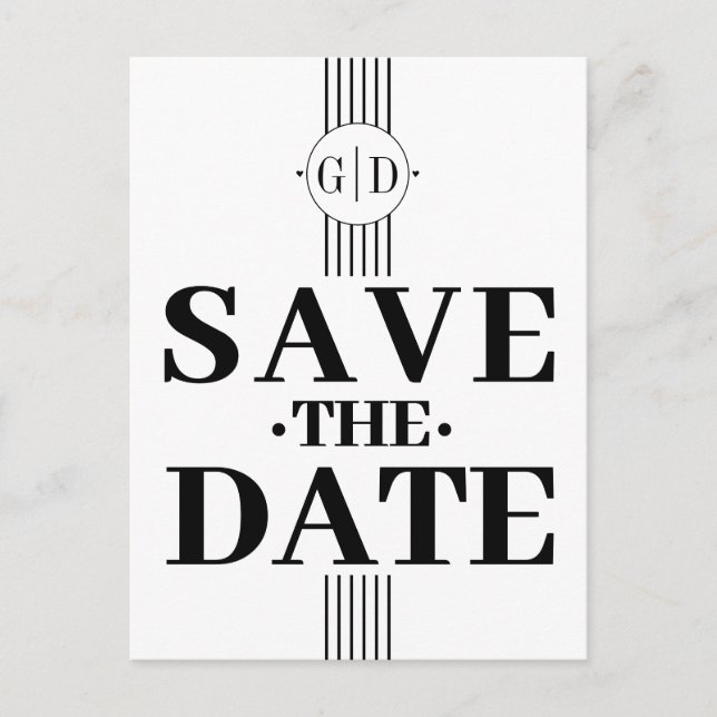 Black white stripes and initials Save The Date Postcard (Front)