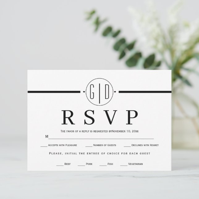 Black white stripes and monogram formal wedding RSVP card (Standing Front)