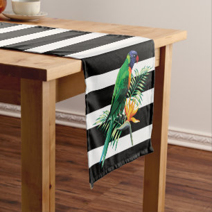 Black White Stripes And Parrot Short Table Runner