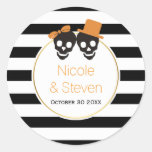 Black white stripes and watercolor flowers wedding classic round sticker