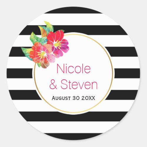 Black white stripes and watercolor flowers wedding classic round sticker