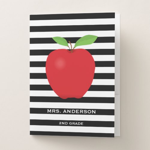 Black & White Stripes, Apple Personalized Teacher Pocket Folder - This teacher folder features a trendy black and white horizontal stripe pattern with a graphic of a red apple and custom text for a teachers name and grade. The black stripes can be changed to any color by choosing customize and change the background color.