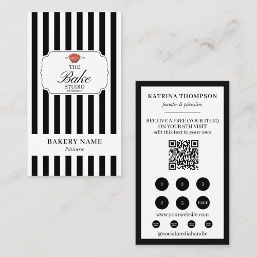 Black White Stripes Bakery Logo Loyalty Punch Business Card