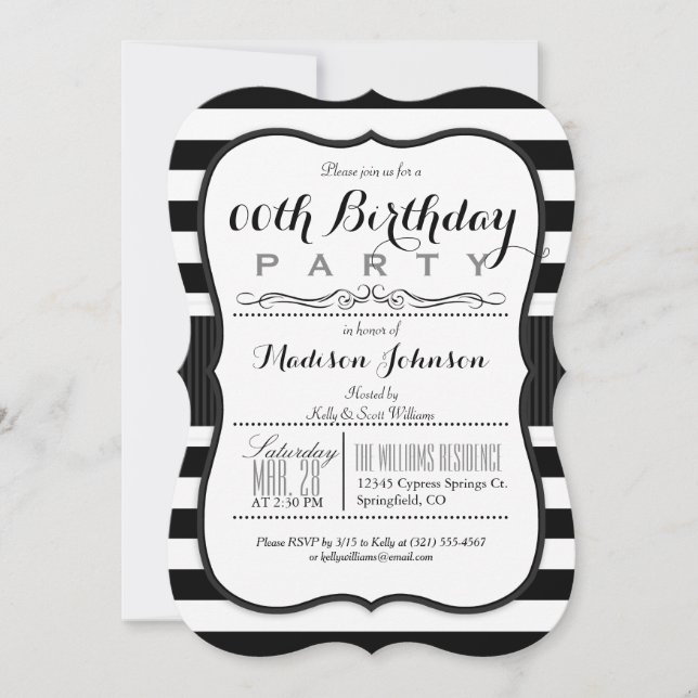 Black & White Stripes Birthday Party Invitation (Front)