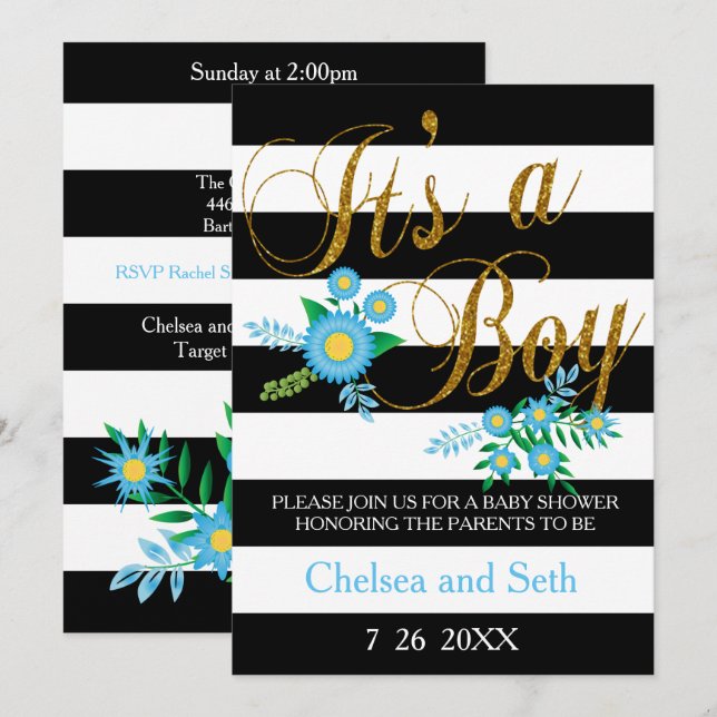 Black & White Stripes | Blue Floral | Baby Shower Invitation (Front/Back)