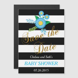 Black & White Stripes Blue Floral Baby Shower Magnetic Invitation