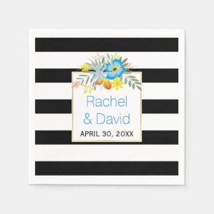 Black, white stripes blue folklore flowers wedding napkins