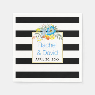 Black, white stripes blue folklore flowers wedding napkins