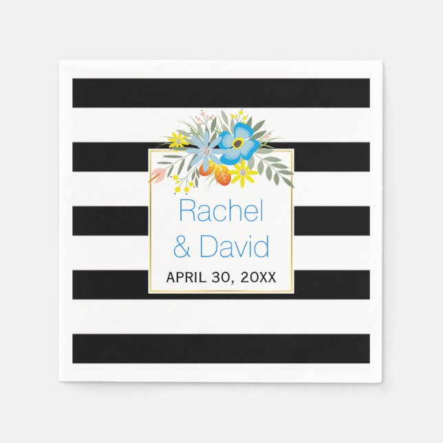 Black, white stripes blue folklore flowers wedding napkins (Front)