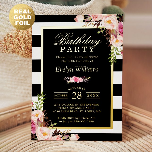 Black White Stripes Blush Floral Birthday Party Foil Invitation (Creator Uploaded)