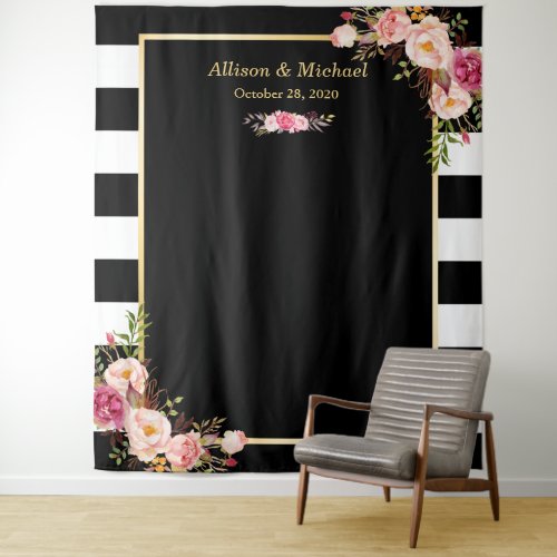 Black White Stripes Blush Floral Wedding Backdrop