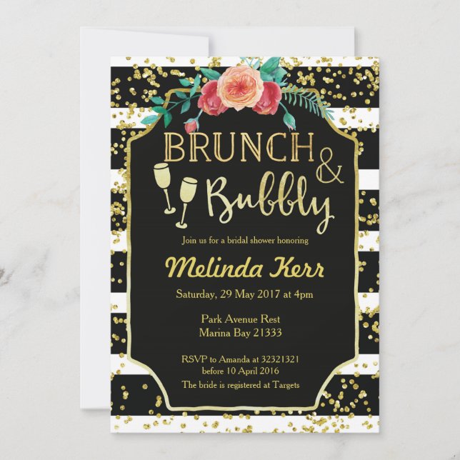 Black & White Stripes Brunch and Bubbly Invitation (Front)