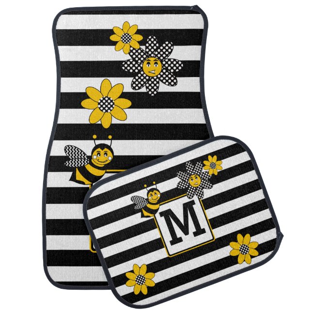 Black | White Stripes Bumble Bee Flowers Monogram  Car Floor Mat (Set)