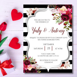 Black White Stripes Burgundy Floral Modern Invitation
