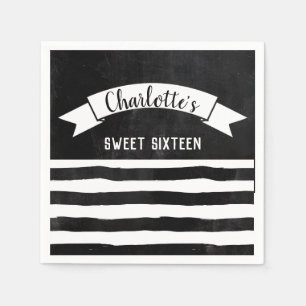 Black & White Stripes Chalkboard Modern Sweet 16 Napkins