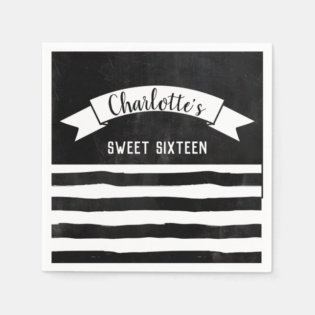 Black & White Stripes Chalkboard Modern Sweet 16 Napkins (Front)