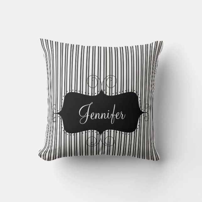 Black White Stripes Chic Girly Personalized Pillow (Front)