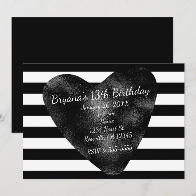 Black & White Stripes Chic Heart Party Invitations (Front/Back)