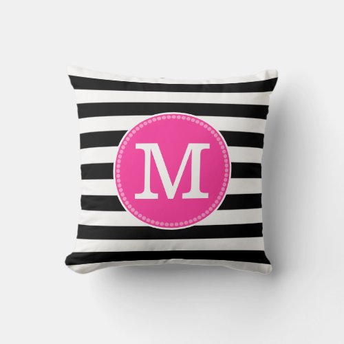 Black White Stripes Chic Minimal Hot Pink Monogram Throw Pillow