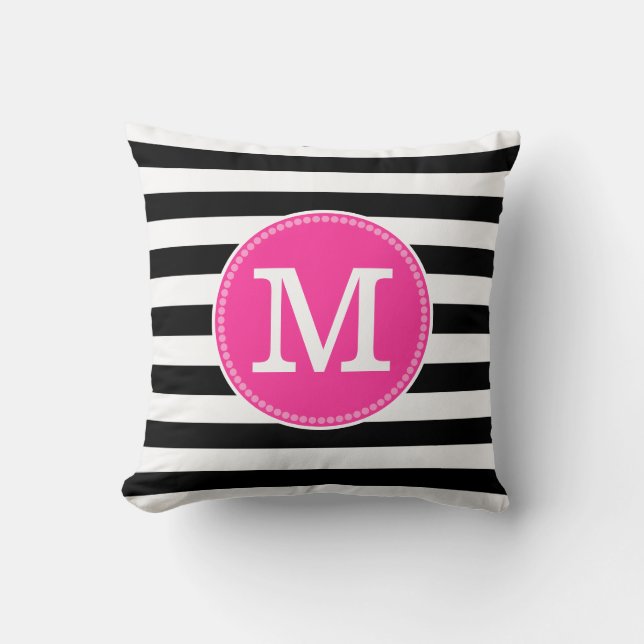 Black White Stripes Chic Minimal Hot Pink Monogram Throw Pillow (Front)