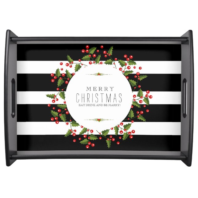 Black & White Stripes & Christmas Berries Wreath Serving Tray (Front)
