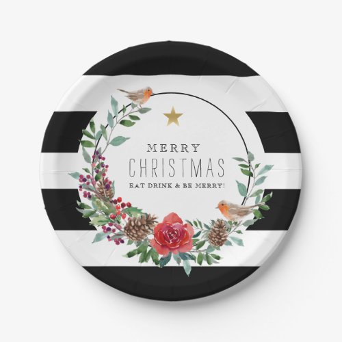 Black  White Stripes Christmas Robin Wreath Paper Plates