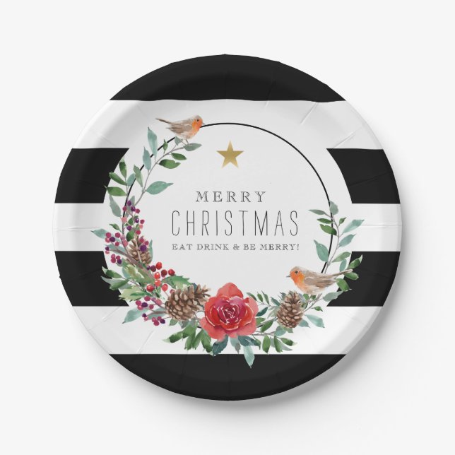 Black & White Stripes Christmas Robin Wreath Paper Plates (Front)
