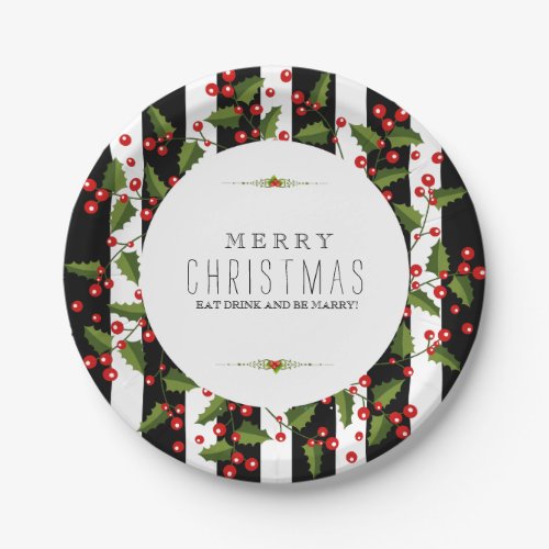 Black  White Stripes Christmas Wreath Paper Plates