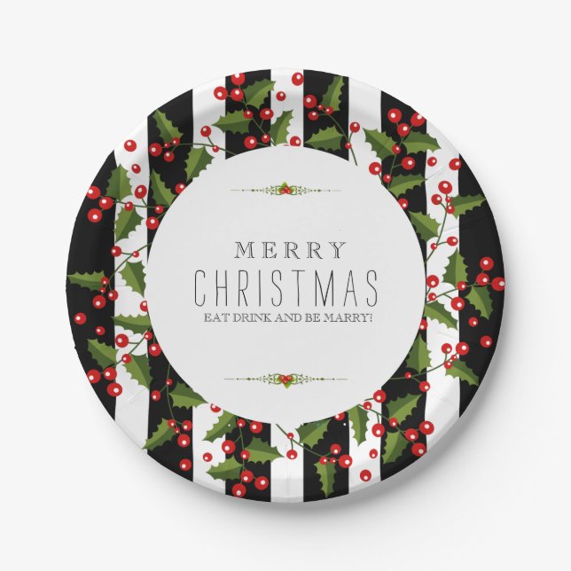 Black & White Stripes Christmas Wreath Paper Plates (Front)