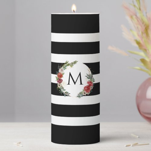 Black  White Stripes Christmas Wreath Pillar Candle