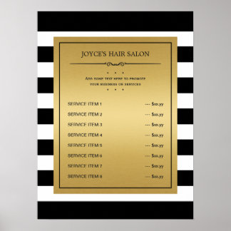 Black White Stripes Classic Gold Service Menu Poster