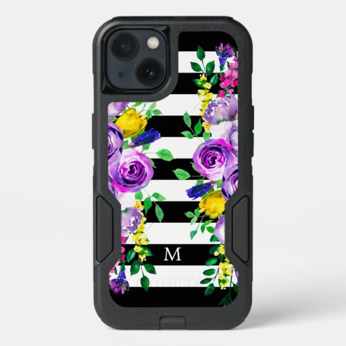 Black  White Stripes  Colorful Peonies iPhone 13 Case