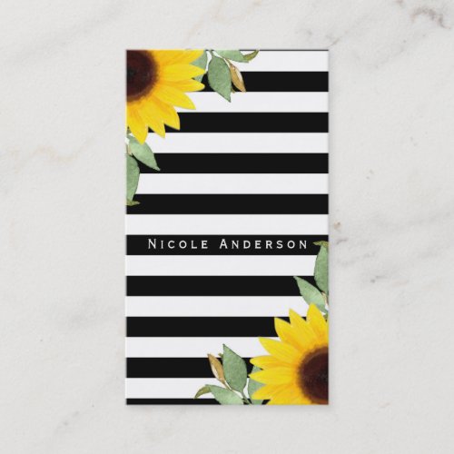 Black White Stripes Corner Sunflowers Floral Chic Business Card