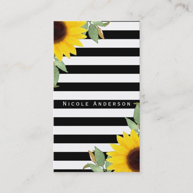 Black White Stripes Corner Sunflowers Floral Chic Business Card (Front)