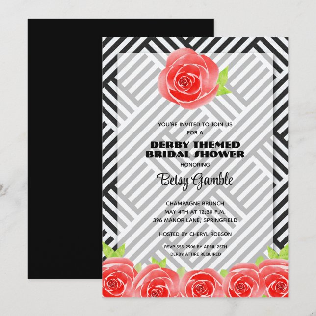 Black & White Stripes Derby Bridal Shower Invites (Front/Back)