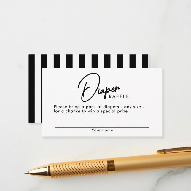 Black & White Stripes Diaper Raffle Baby Shower Enclosure Card (Front/Back In Situ)