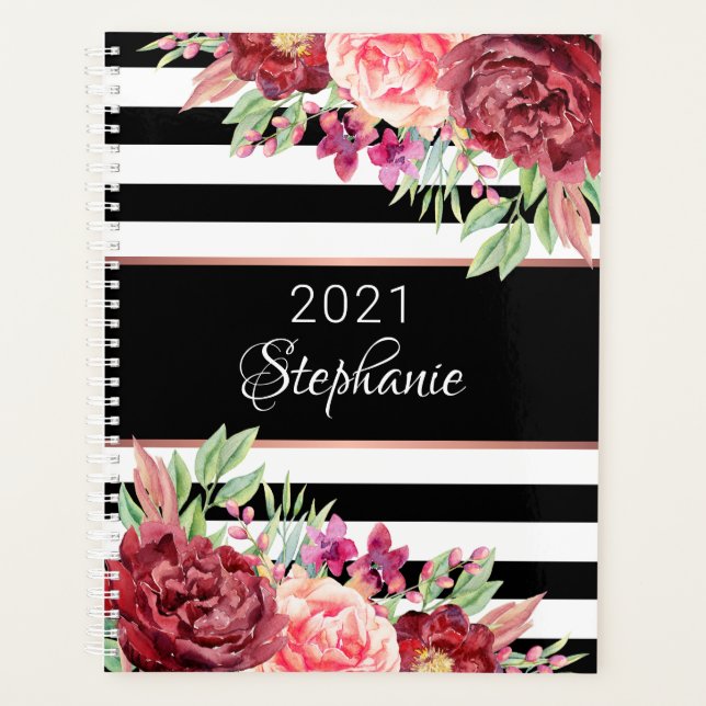 Black White Stripes Elegant Floral Personalized Planner (Front)