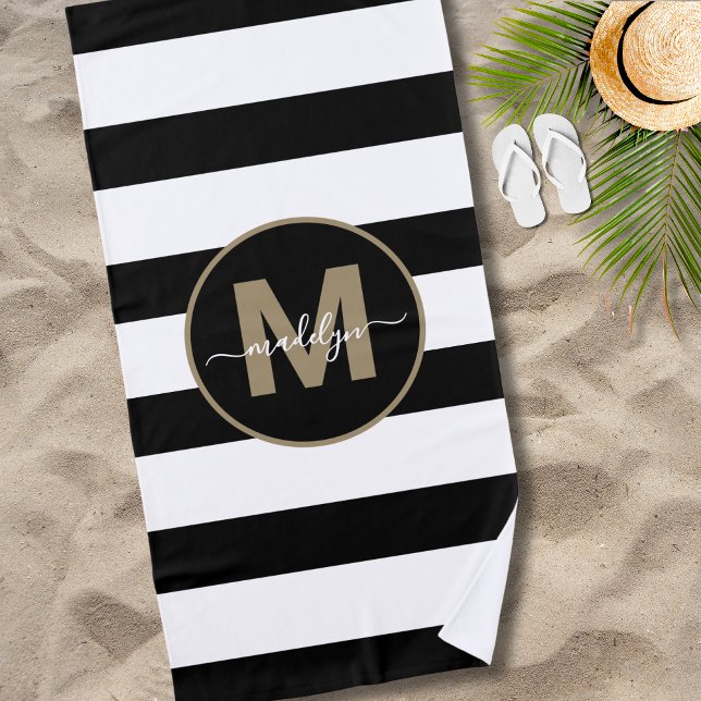 Black White Stripes Elegant Gold Name Monogram Beach Towel (Black White Stripes Elegant Gold Name Monogram Beach Towel )