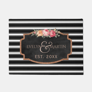 Black White Stripes Elegant Monogram Name Year Doormat
