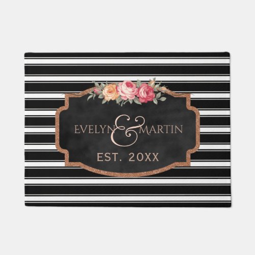 Black White Stripes  Elegant Monogram Name Year Doormat