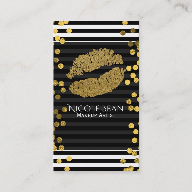 Black & White Stripes Faux Gold Lips Beauty Business Card (Front)