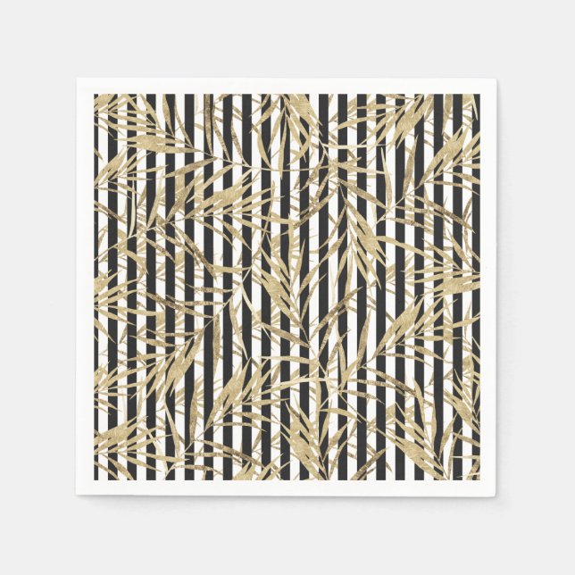 Black white stripes faux gold tropical leaves napk napkins (Front)