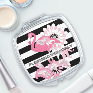 Black & White Stripes Flamingo Vibes Only Compact Mirror